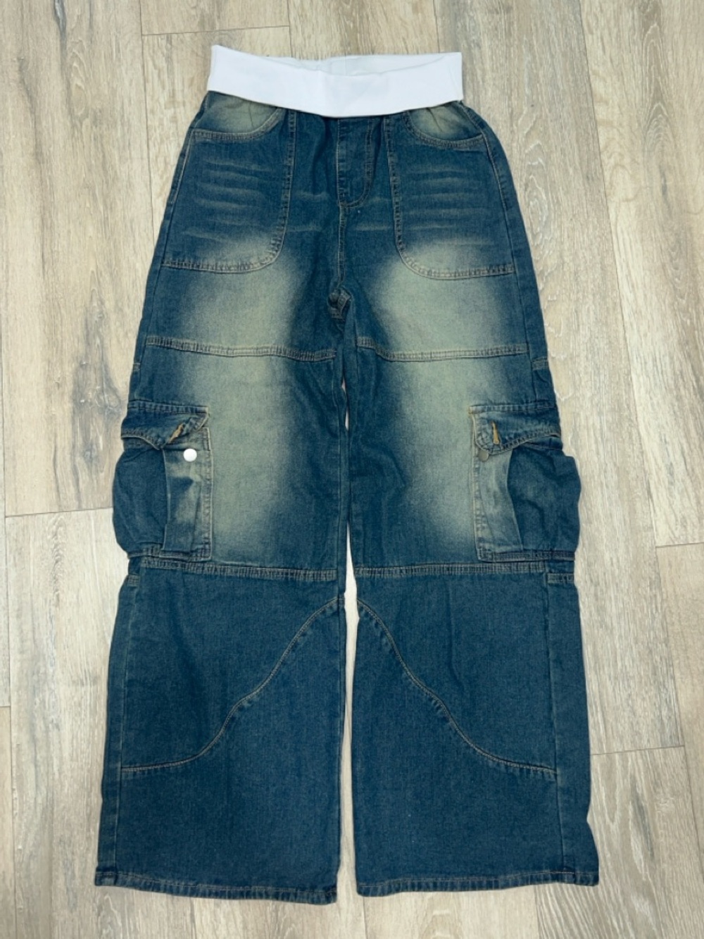 Wide Leg Cargo Denim Pants with White Elastic Waistband